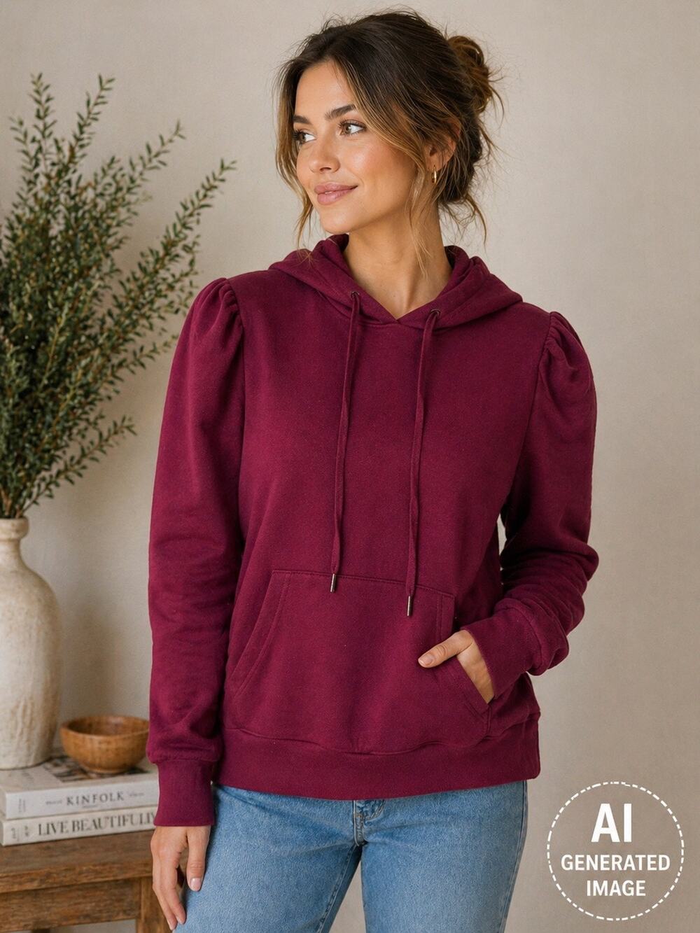 M Fashion Hoodie Women’s Small Burgundy Pullover Puff Sleeve Pocket